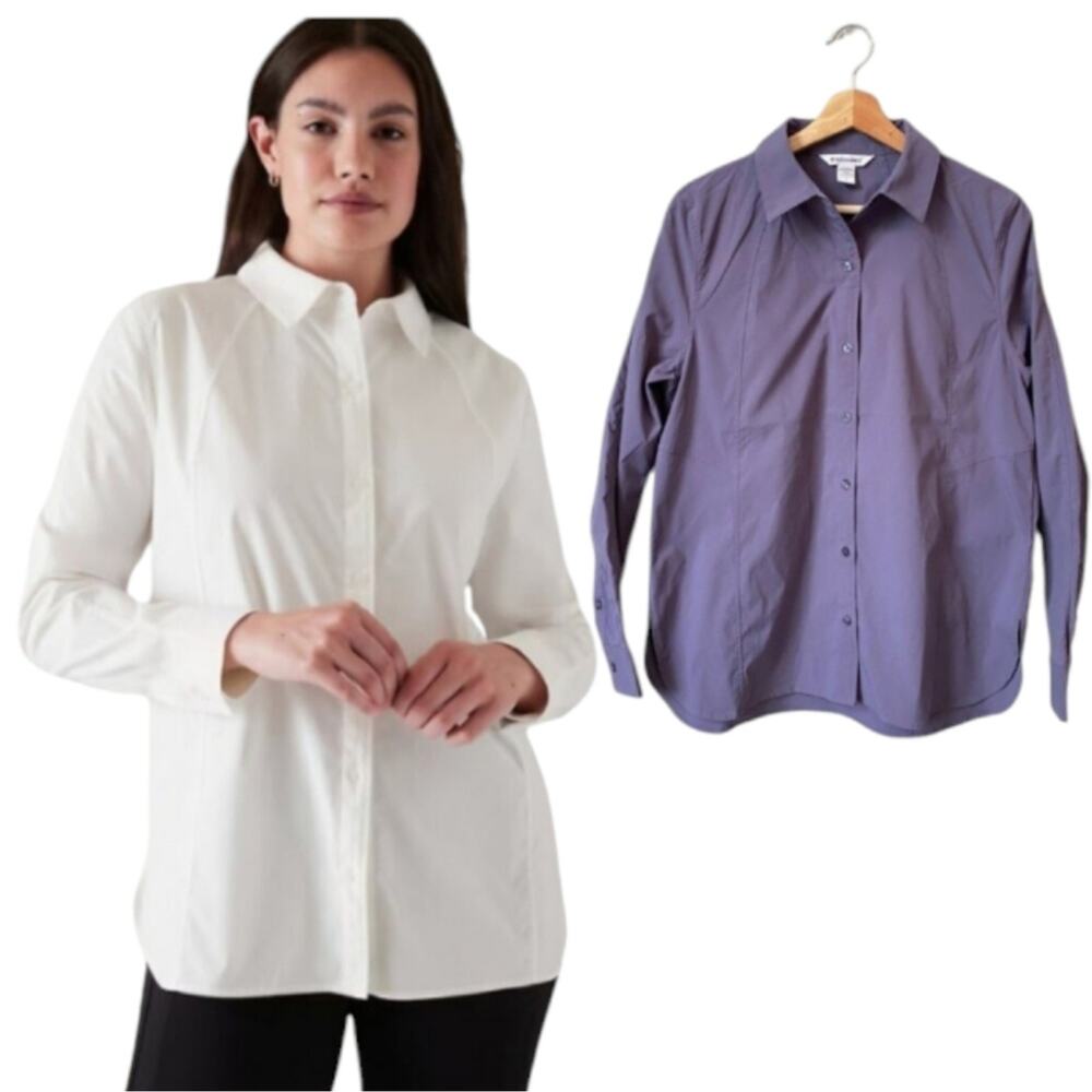 Athleta Women's Plus 1X Long Sleeve Relaxed Poplin Button Down Top Purple New